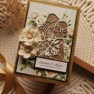 Ślub, kartka ślubna w pudełku, złota, beż, zieleń, s93