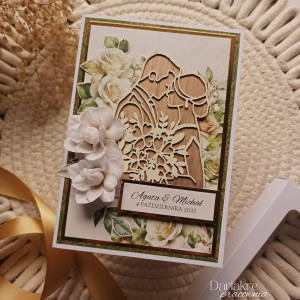 Ślub, kartka w pudełku ślubna beż i złoto, personalizowana, s90