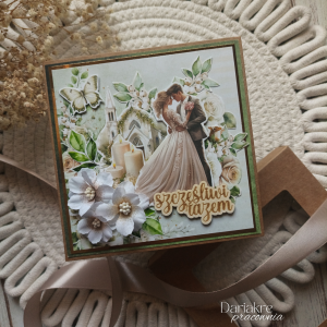 Ślub, kartka w pudełku, szczęśliwi razem, zieleń, brąz, boho, s55