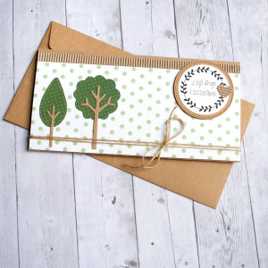 ślubna kartka kopertówka - drzewka - green dots