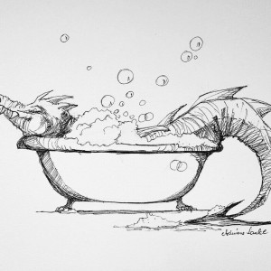 "Smoczyca w kąpieli" rysunek piórkiem artystki A. Laube