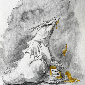 "Smok i masło orzechowe" rysunek ołówkiem z dodatkiem akwareli