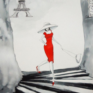 "Spacerując ulicami Paryża" akwarela, Wieża Eiffla