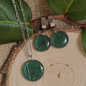 Srebrny komplet kolczyki wisiorek liść zielony roślina