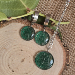 Srebrny komplet kolczyki wisiorek liść zielony rośliny