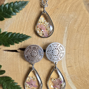 Srebrny komplet kolczyki wisiorek różowa