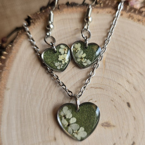 Srebrny komplet kolczyki wisiorek serca zielony