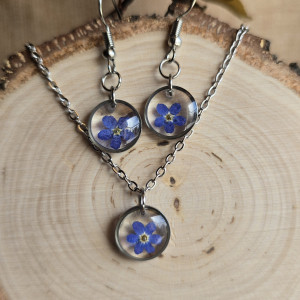 Srebrny komplet kolczyki wisiorek z niezapominajką