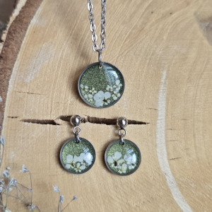 Srebrny komplet kolczyki wisiorek zielony zieleń kwiaty
