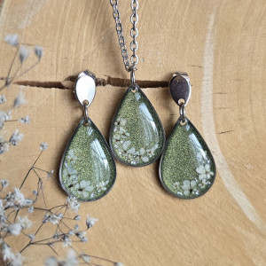 Srebrny komplet kolczyki wisiorek zielony zieleń łezka