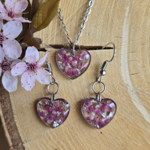 Srebrny komplet serca serduszka różowe wrzos kwiaty