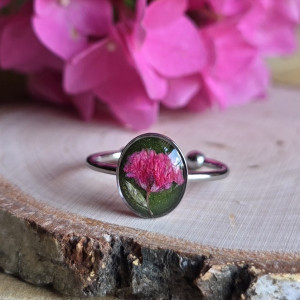 Srebrny pierścionek różowy kwiat gipsówka
