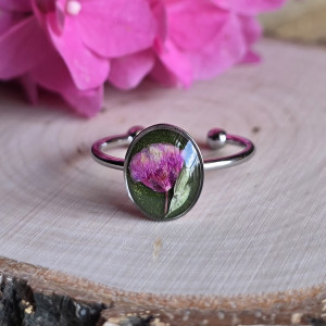 Srebrny pierścionek różowy kwiaty fiolet