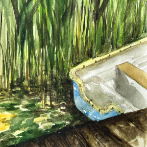 "Stara łódka w słońcu" akwarela artystki A. Laube
