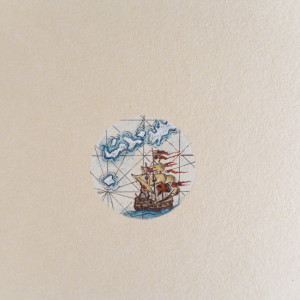 Stara mapa, okręt, żaglowiec, morze, miniatura
