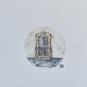 Stare biale okno, pamiątka z Sycylii, miniatura akwarela