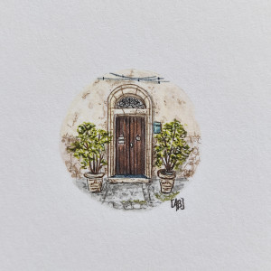 Stare drewnaine drzwi, pamiątka z Sycylii, miniatura akwarela
