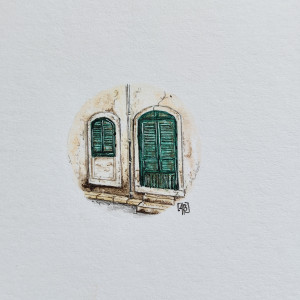 Stare drzwi, pamiątka z Sycylii, miniatura akwarela