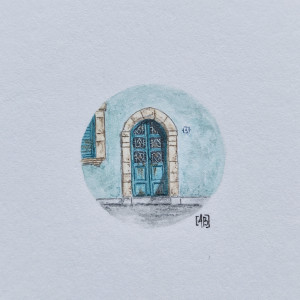 Stare, seledyniowe drzwi, pamiątka z Sycylii, miniatura akwarela