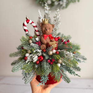 STROIK ŚWIĄTECZNY Z MISIEM FLOWERBOX OZDOBA ŚWIĄTECZNA WELUR