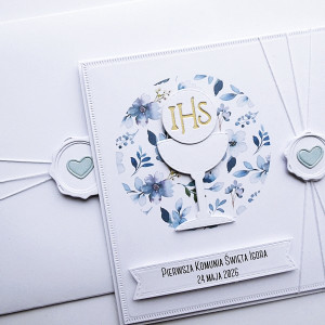 Subtelna kartka na Komunię niebieska handmade