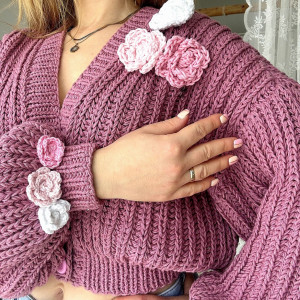 Sweter na drutach kardigan damski różowy wrzos handmade