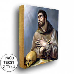 Święty Franciszek z Asyżu -ikona z  tekstem z tyłu