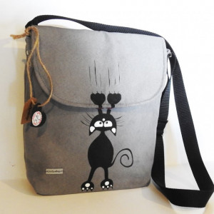 Szara  malowana torebka listonoszka z kotem młodzieżowa