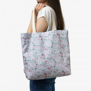 Szara torba na zakupy w różowe kwiaty