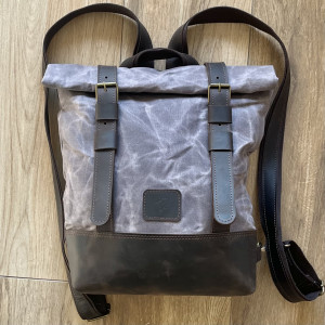 Szaro brązowy plecak z bawełny woskowanej i skóry Vintage.