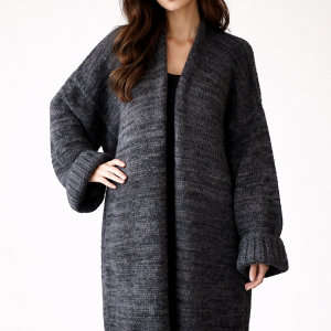 Szary długi sweter, kardigan wykonany z wełny, alpaki i moheru