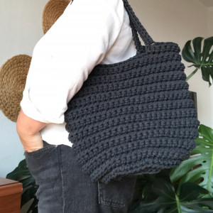 Torebka damska,na ramię, koszyk z sznurka,grafitowa.