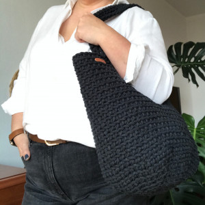 Torebka damska,na ramię, koszyk ze sznurka,grafitowa.