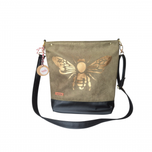 Torebka listonoszka z złotą pszczołą ręcznie malowana