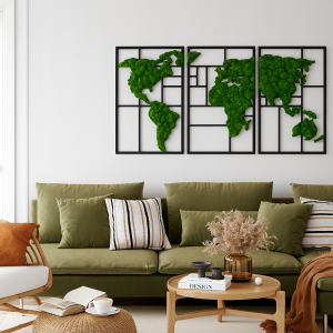 Tryptyk mapa świata mech chrobotek dekoracja dla domu ażurowa