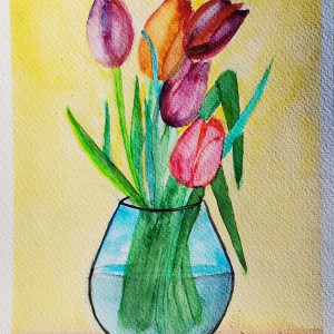 Tulipany w wazonie , akwarela. Format 18x24cm.