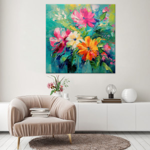 Turkusowy obraz z kwiatami - różowy bukiet