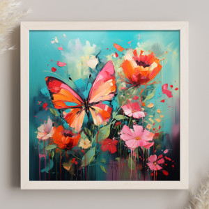 Turkusowy obraz z motylem i kwiatami