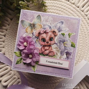 Urodziny dziecka, fioletowa kartka z misiem personalizowana, f11