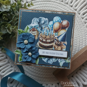 Urodziny, kartka w pudełku personalizowana niebieska, tort, u83