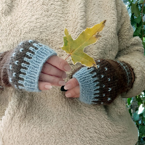 Wełniane mitenki, rękawiczki bez palców, brązowo-niebieskie