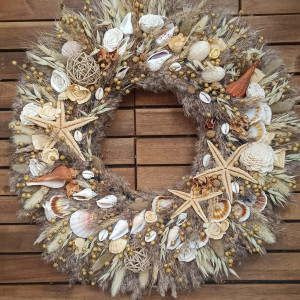 Wianek beżowy, marynistyczny, z muszlami, #03, unikat, 45 cm