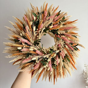 Wianek jesienny z suszonych kwiatów, wianek na drzwi boho rustykalny