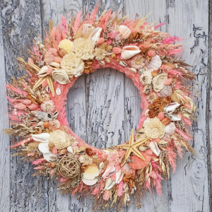 Wianek letni z muszlami, marynistyczny pink, #01, unikat, 45 cm