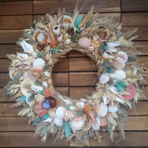 Wianek naturalny z muszlami, marynistyczny Blue, #02, unikat, 45 cm