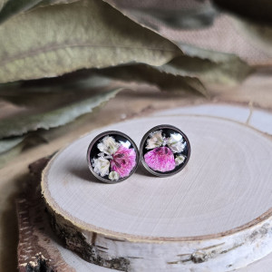 Wieczne kwiaty kolczyki gipsówka wkręty srebrne czarne różowe