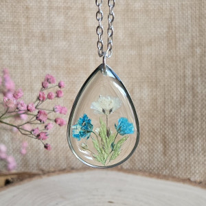 Wieczne kwiaty zawieszka łezka gipsówka srebrna niebieskie