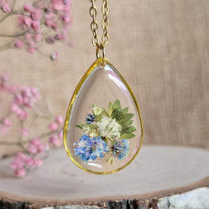 Wieczne kwiaty zawieszka łezka gipsówka złota niebieskie