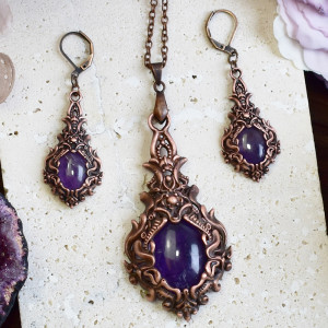 Wiktoriański miedziany zestaw - kolczyki i wisiorek z ametystem #S2