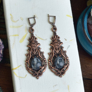 Wiktoriańskie miedziane wiszące kolczyki z kamieniem / larvikit #001
